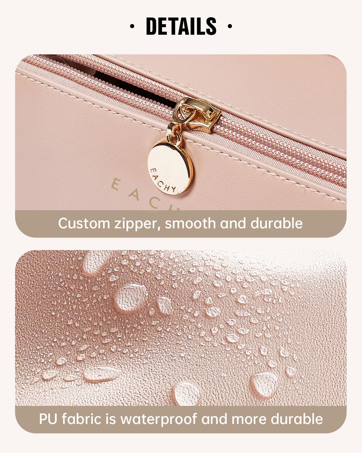 EACHY Travel Makeup Bag waterproof exterior protects contents during travel.