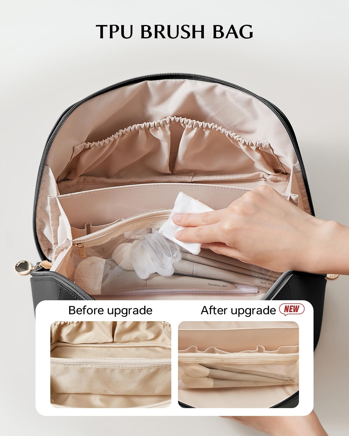 Eachy travel makeup bag waterproof materials resist spills for worry-free travel.