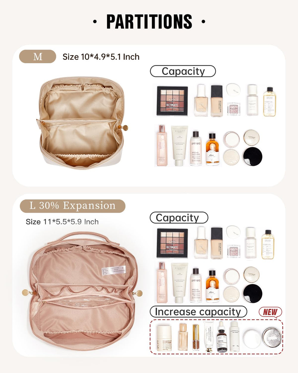 EACHY travel makeup bag waterproof PU leather surface for easy cleaning.