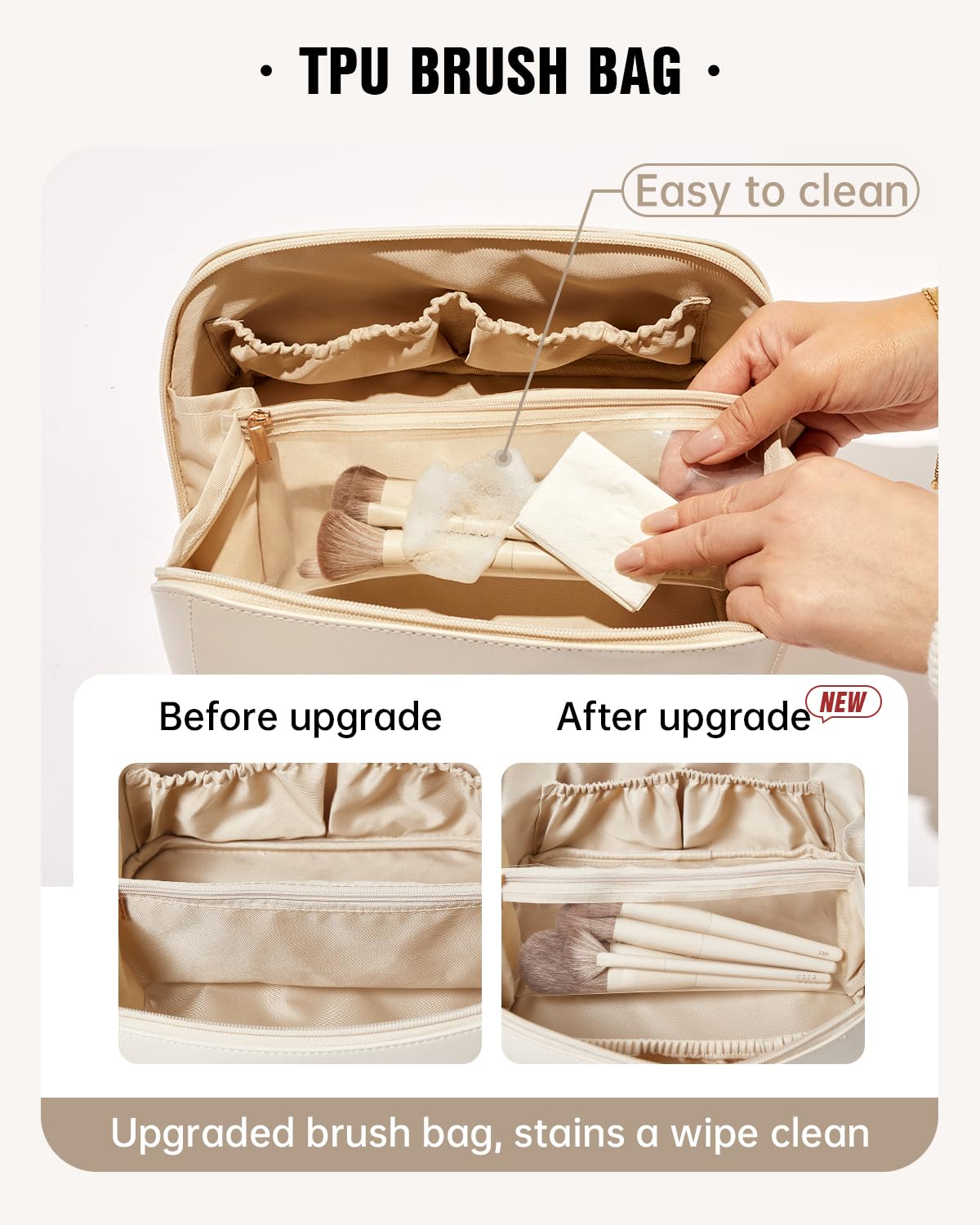 EACHY Travel Makeup Bag features waterproof PU leather for easy cleaning and longevity.