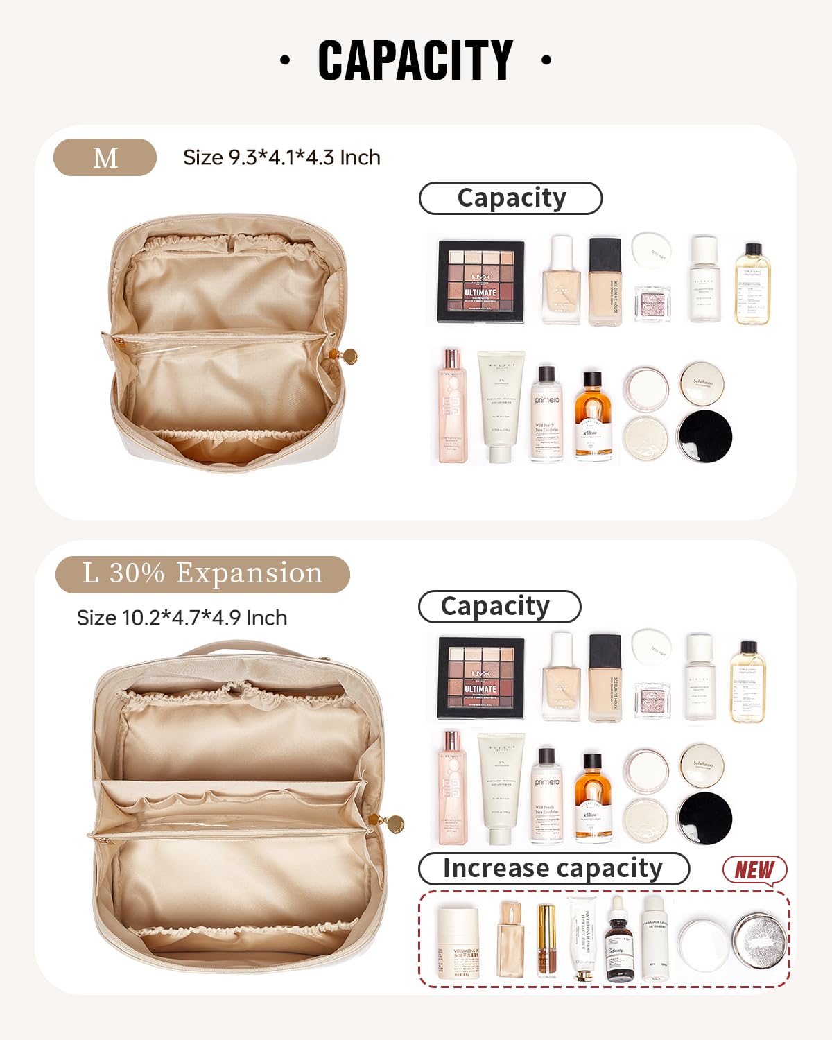 EACHY Travel Makeup Bag waterproof PU leather for easy cleaning.