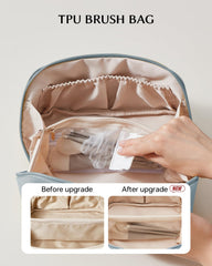 EACHY travel makeup bag waterproof PU leather protects contents on trips.