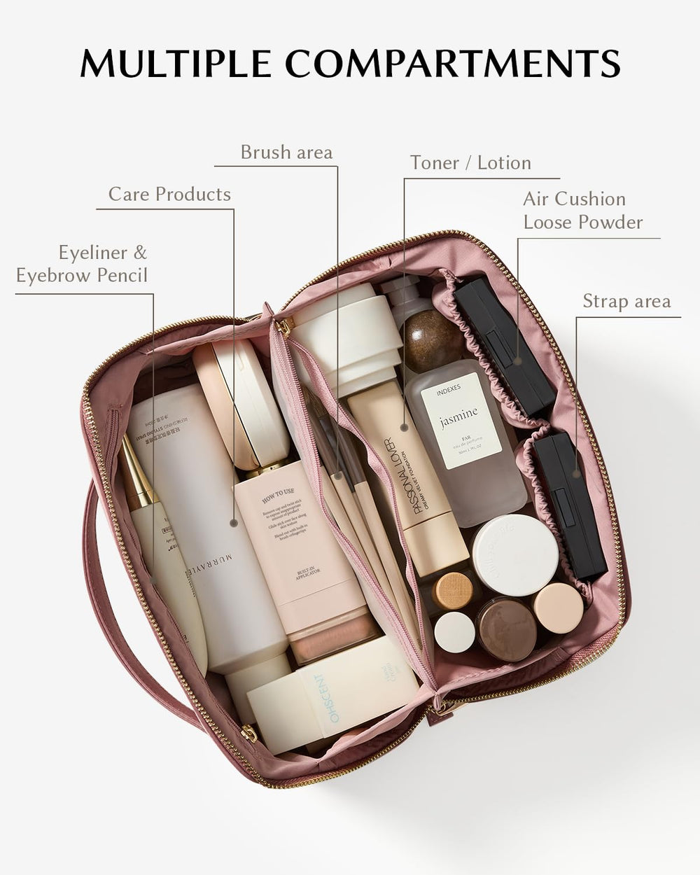 EACHY travel makeup bag wide-opening zipper demonstrates easy access during busy trips