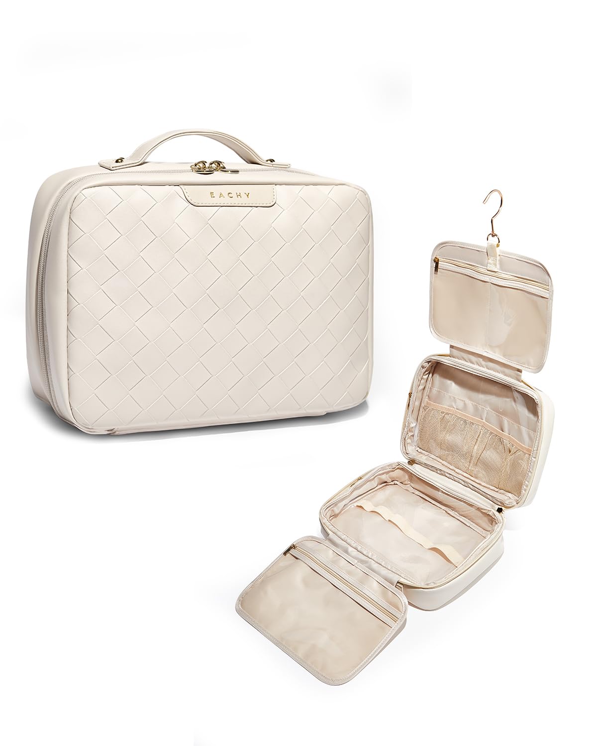 EACHY Travel Toiletry Bag Plait White open—spacious compartments for quick access during travel.