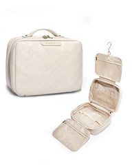 EACHY Travel Toiletry Bag Plait White open—spacious compartments for quick access during travel.