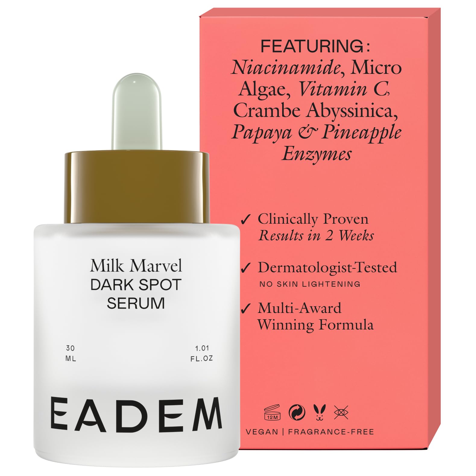 EADEM Milk Marvel serum bottle closeup for daily use.