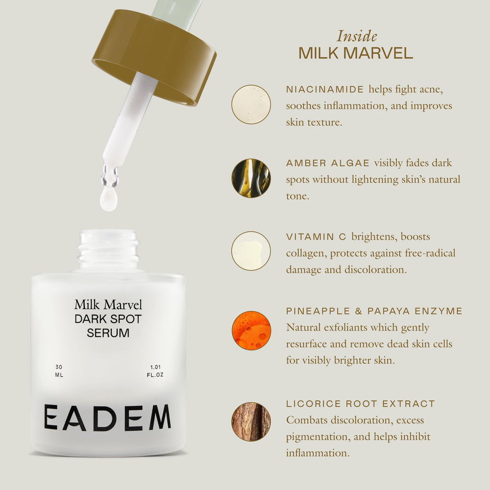 EADEM Milk Marvel on body area indicating versatile dark-spot correction.