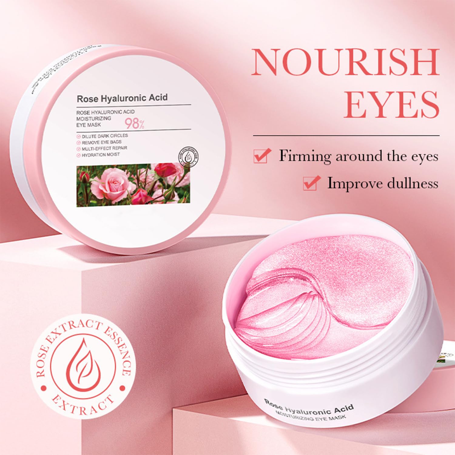 Eakroo Rose Eye Patches infused with hyaluronic acid for deep hydration.