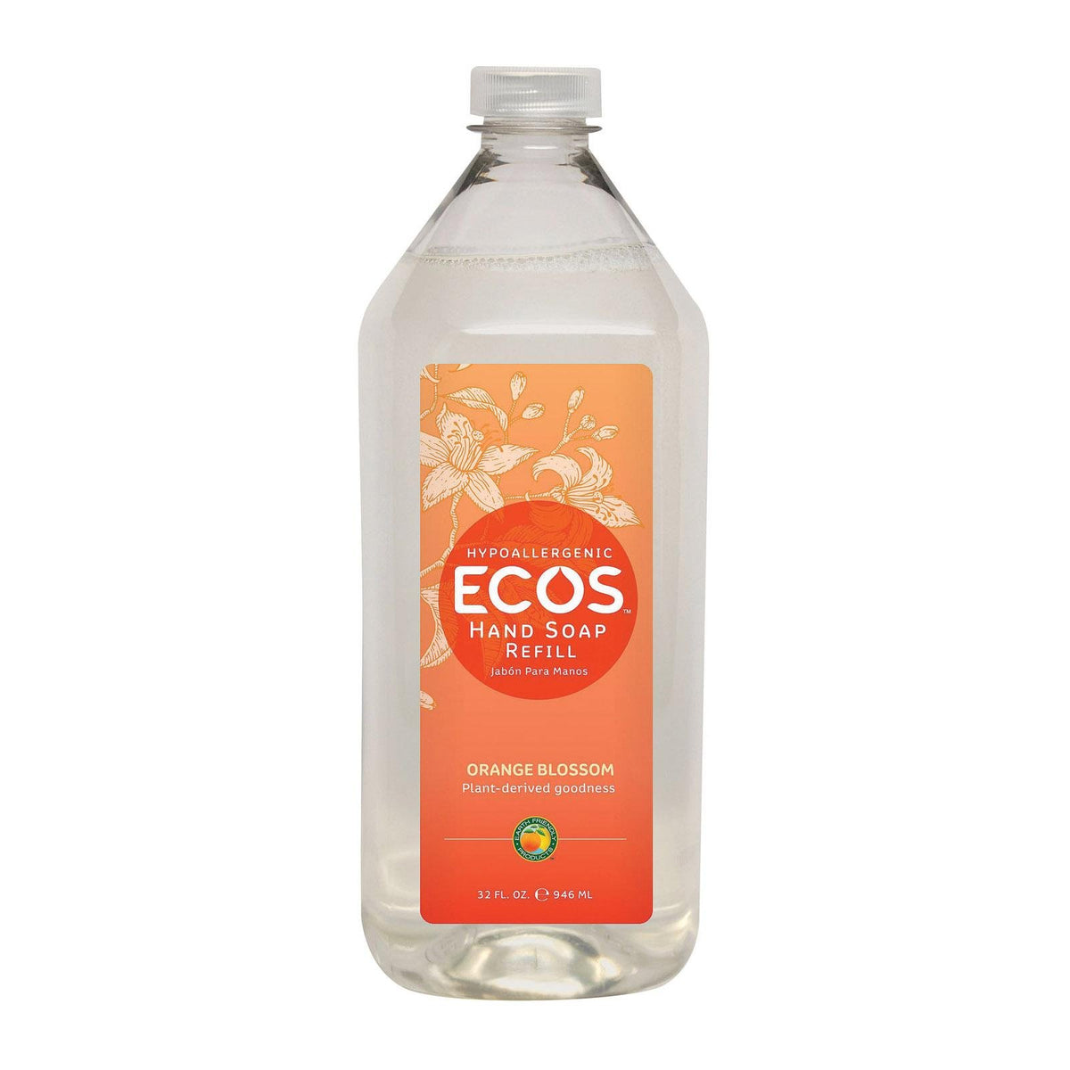 Earth Friendly ECOS hypoallergenic hand soap refill orange blossom bottle offers gentle cleansing for sensitive skin.