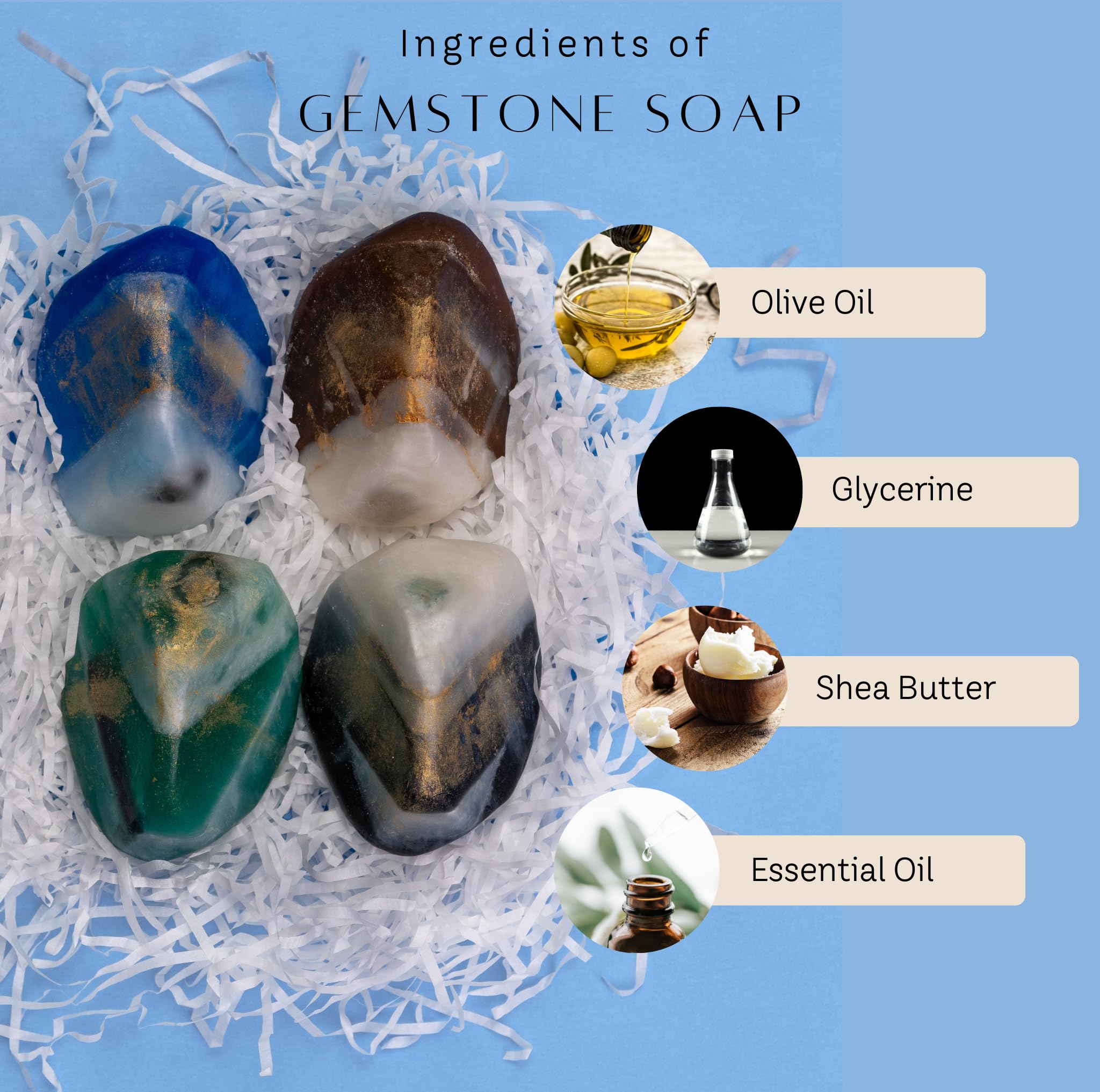 Earth & Home crystal-inside stone soap reveals gemstones after use for a delightful surprise.