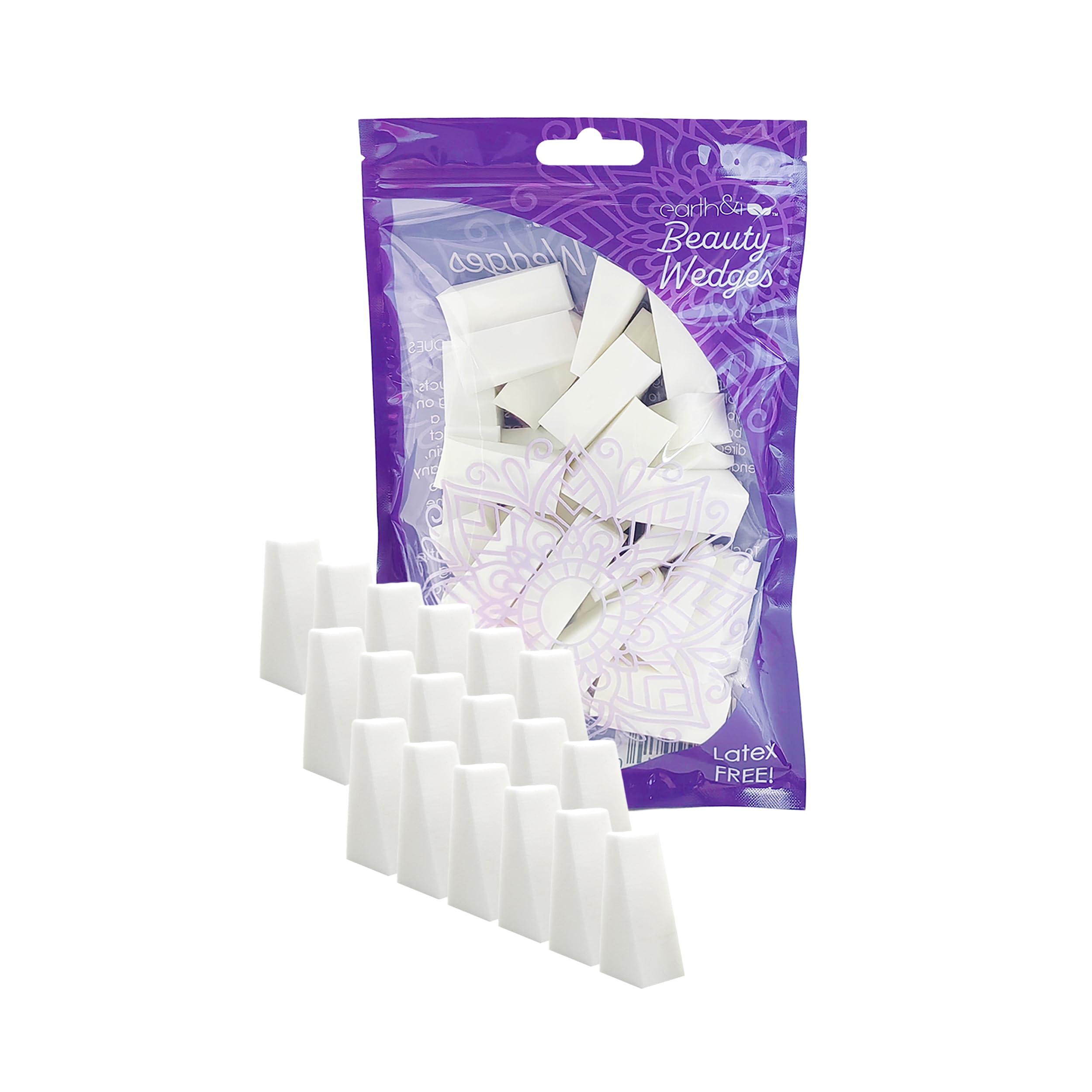 Earth & I precut triangle makeup sponges pack with precise edges for clean application.