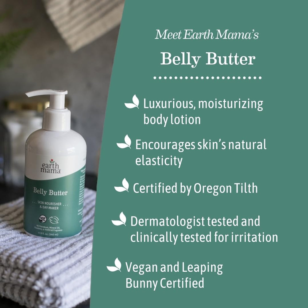 Earth Mama Belly Butter application on belly skin shows liberal use for comfort.