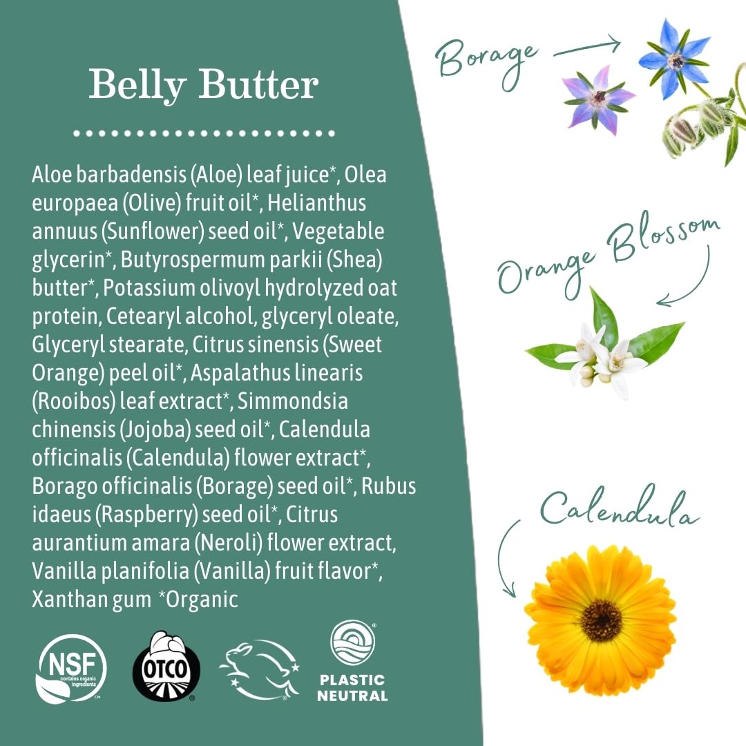 Earth Mama Belly Butter application on breasts and thighs highlights daily skincare.