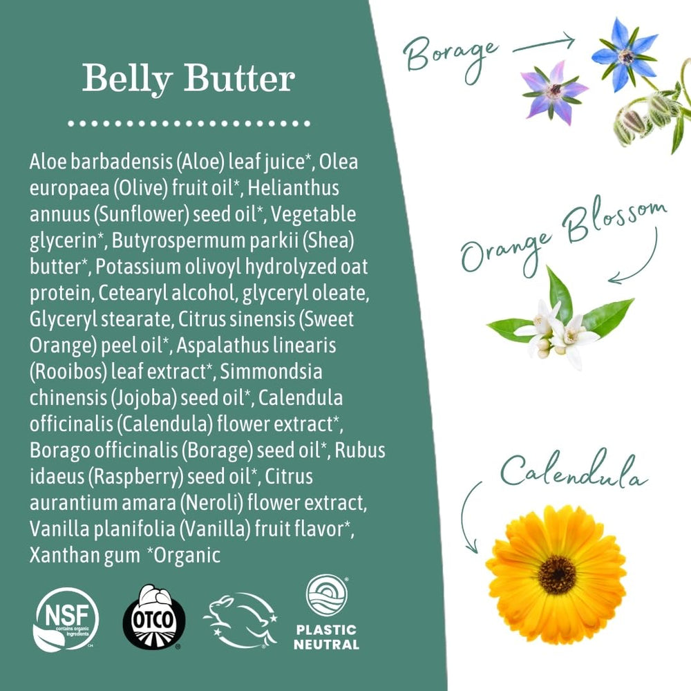 Earth Mama Belly Butter application on breasts and thighs highlights daily skincare.
