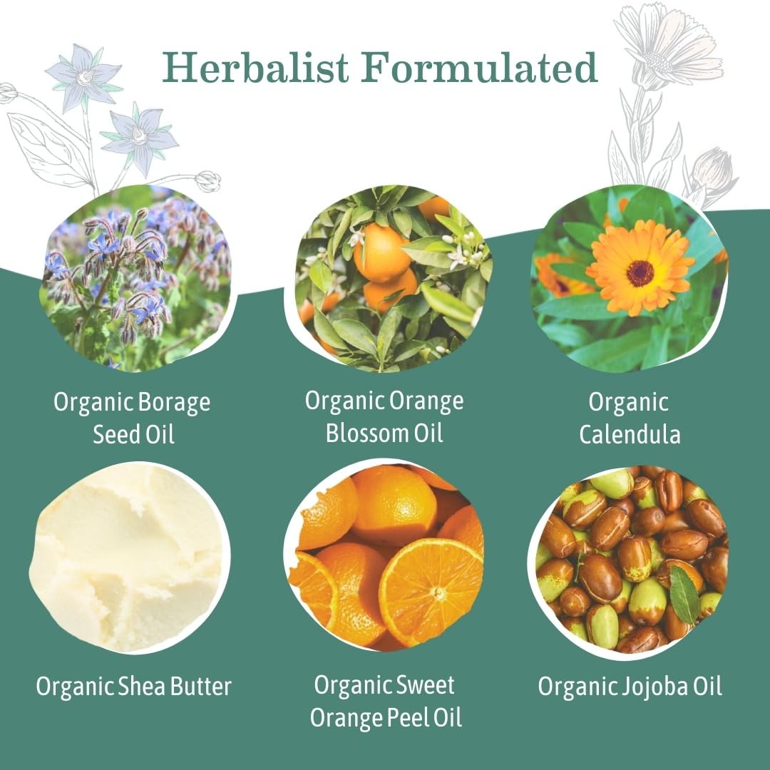 Earth Mama Belly Butter organic borage seed oil scene suggests elasticity support.