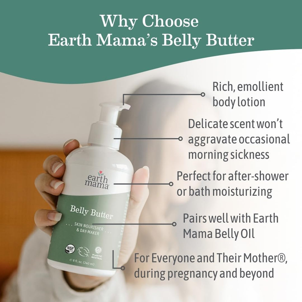 Earth Mama Belly Butter fragrance-free bottle highlights pregnancy-safe care.