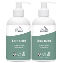 Earth Mama Belly Butter jar closeup shows rich texture for dry skin care.