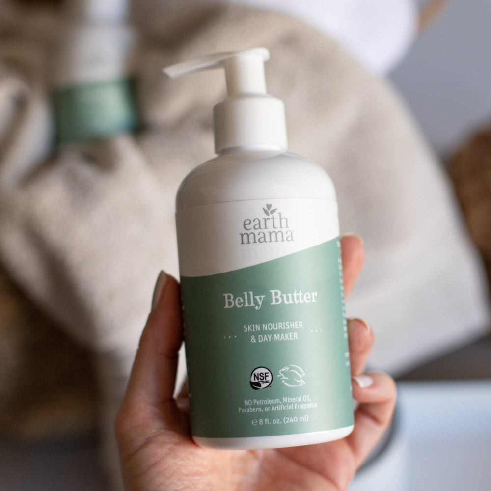 Earth Mama Belly Butter with shea butter demonstrates deep hydration for stretching skin.