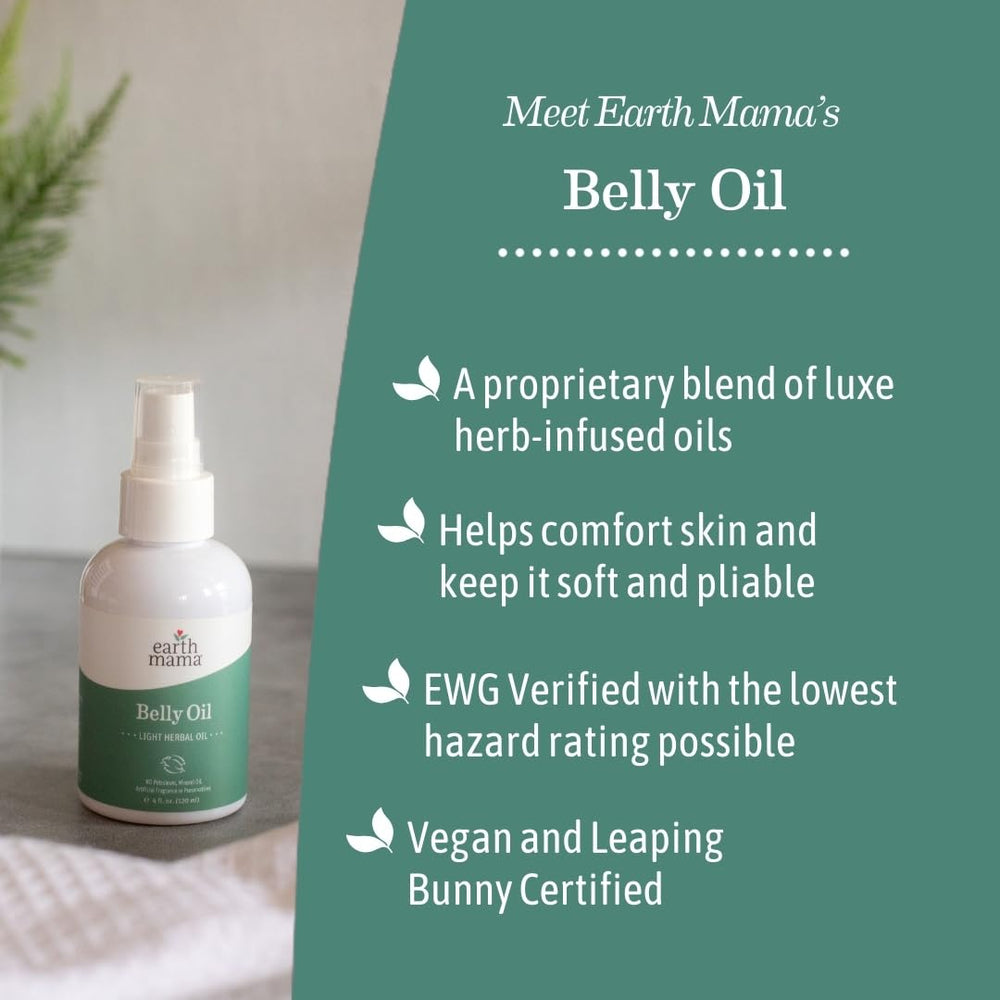 Earth Mama Belly Oil is pregnancy-safe and gentle for stretch-mark-prone areas.