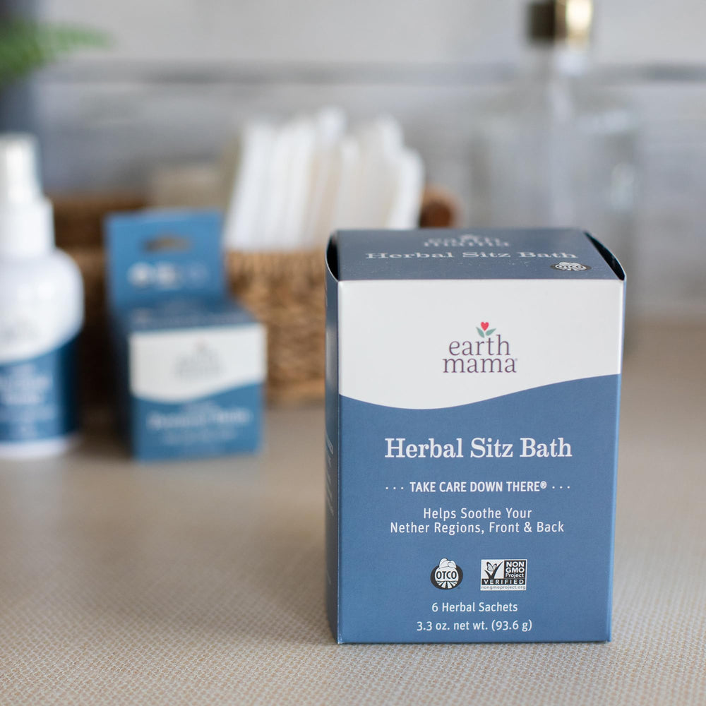 Earth Mama Herbal Sitz Bath compresses shown with cooling post-use options