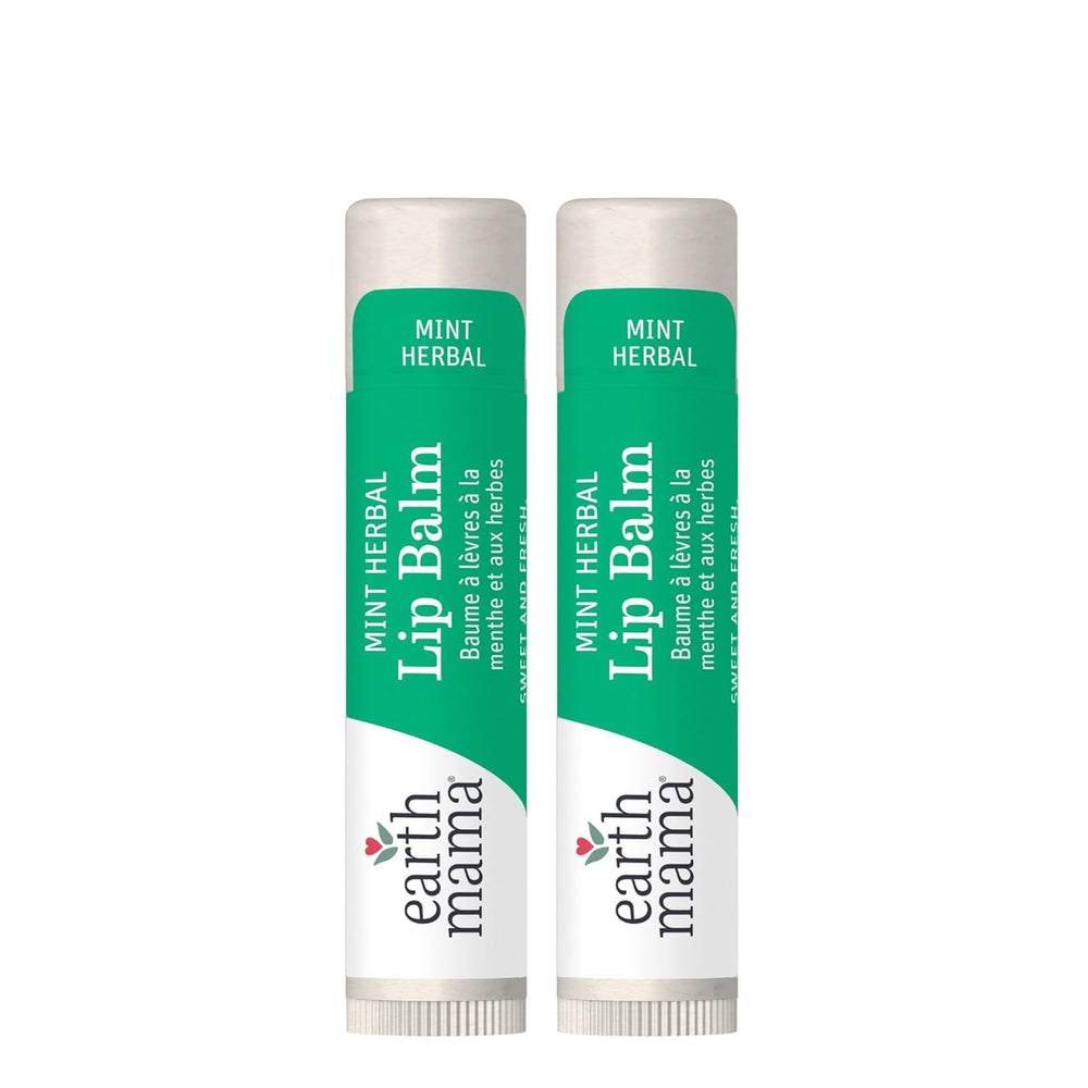 Earth Mama Lip Balm Set Mint Herbal packaging highlights twin tubes for family use and gifting.