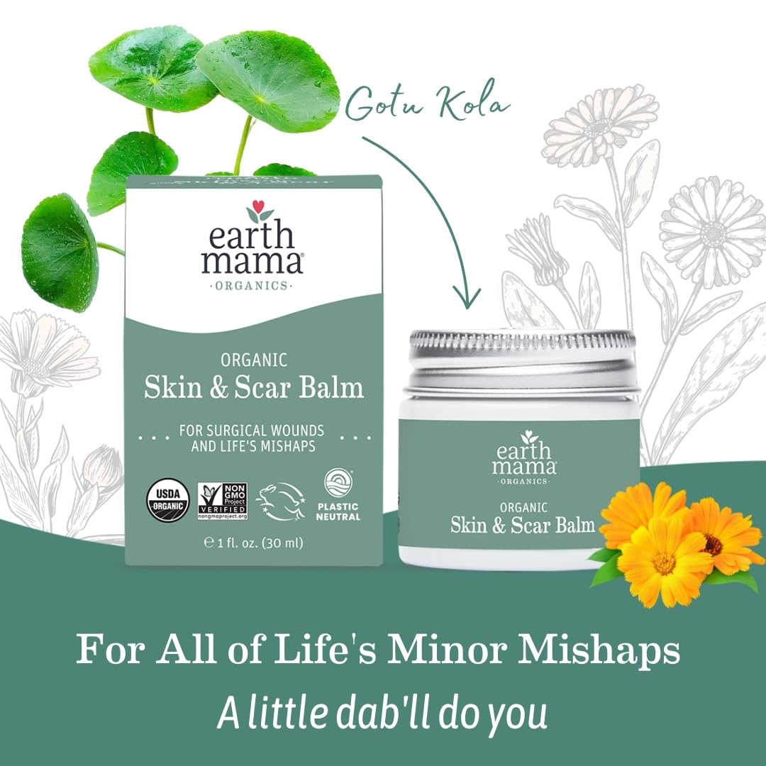 Earth Mama Organic Skin & Scar Balm application steps show easy massage.