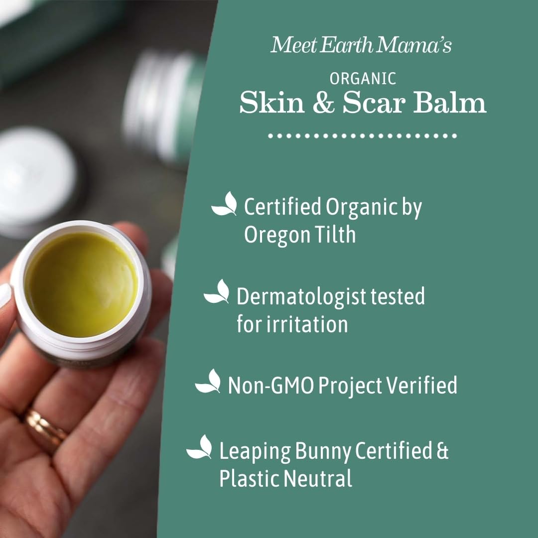 Earth Mama Organic Skin & Scar Balm gotu kola blend label indicates gentle skin care.