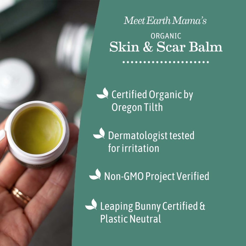 Earth Mama Organic Skin & Scar Balm gotu kola blend label indicates gentle skin care.