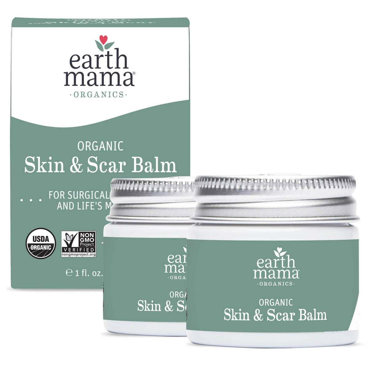Earth Mama Organic Skin & Scar Balm jar closeup showing rich texture for soothing skin.