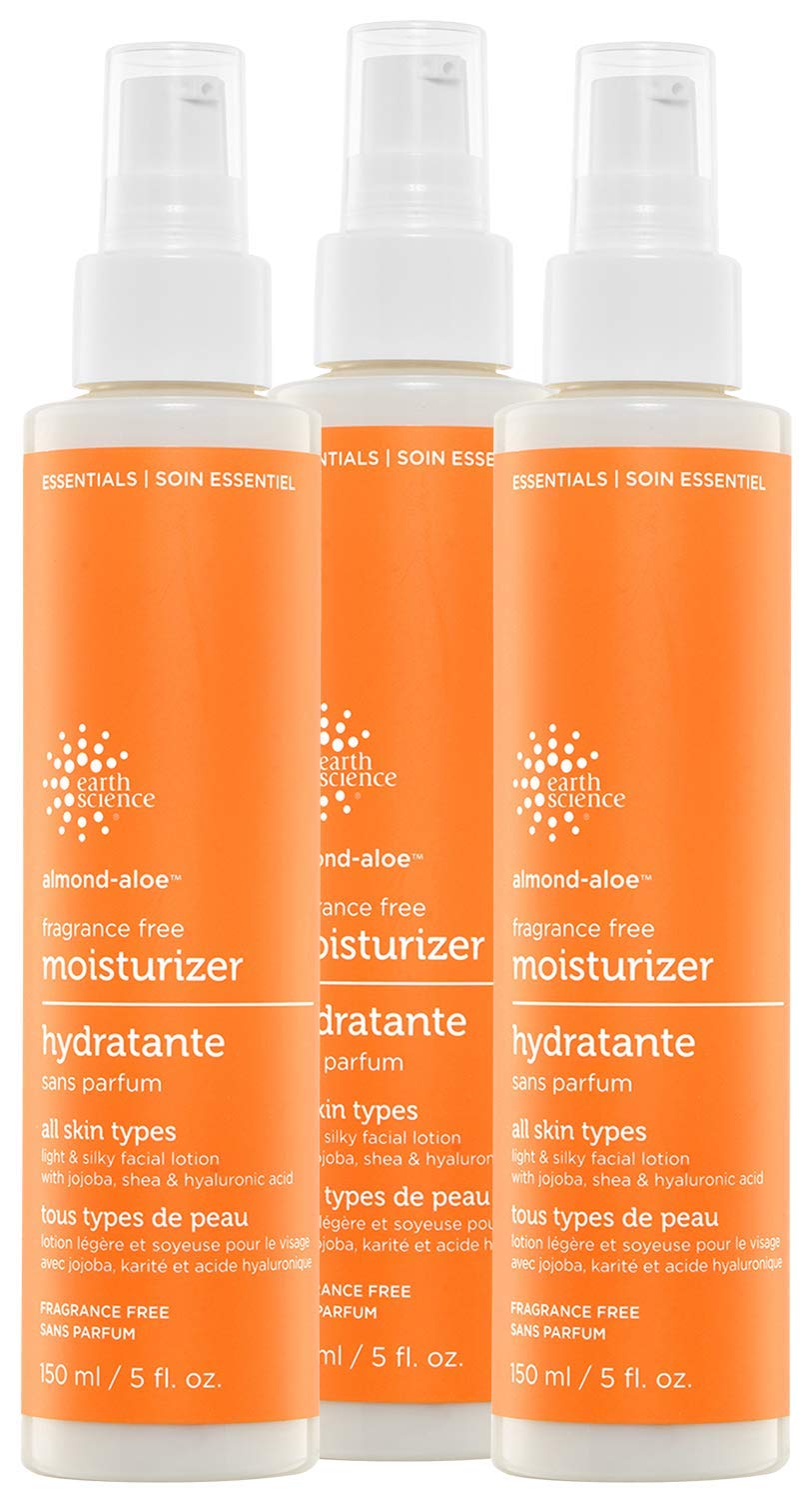 Earth Science fragrance-free almond-aloe moisturizer 3-pack bottle front for everyday hydration.