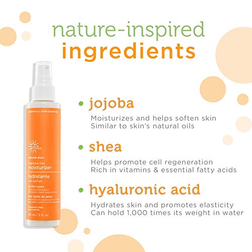 Earth Science fragrance-free almond-aloe moisturizer closeup texture emphasizes light, non-greasy absorption.