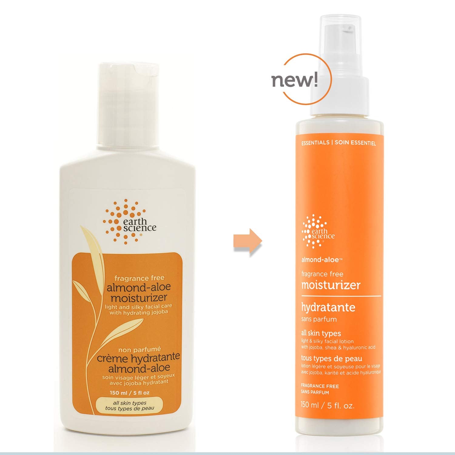 Earth Science fragrance-free almond-aloe moisturizer 3-pack dispensing hand demonstrates easy application.