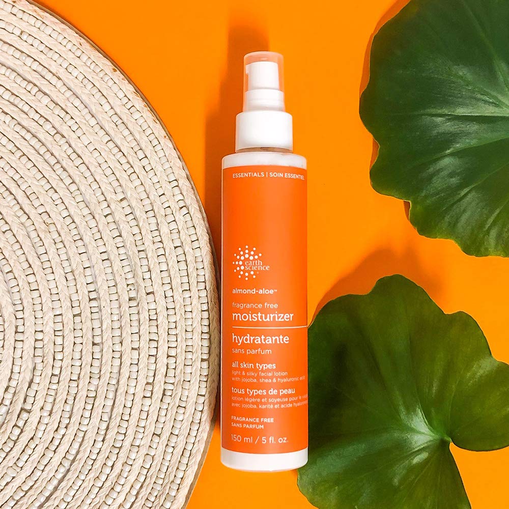 Earth Science fragrance-free almond-aloe moisturizer label detail confirms fragrance-free formula.