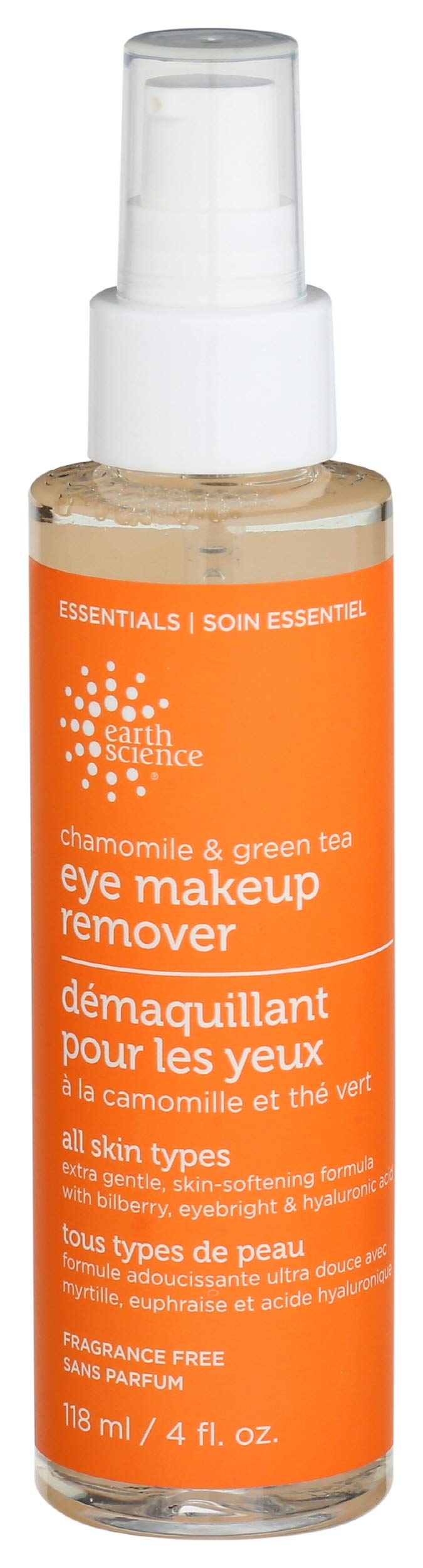 Earth Science makeup remover eye chamomile green tea bottle closeup showing soothing formula for delicate eyes.
