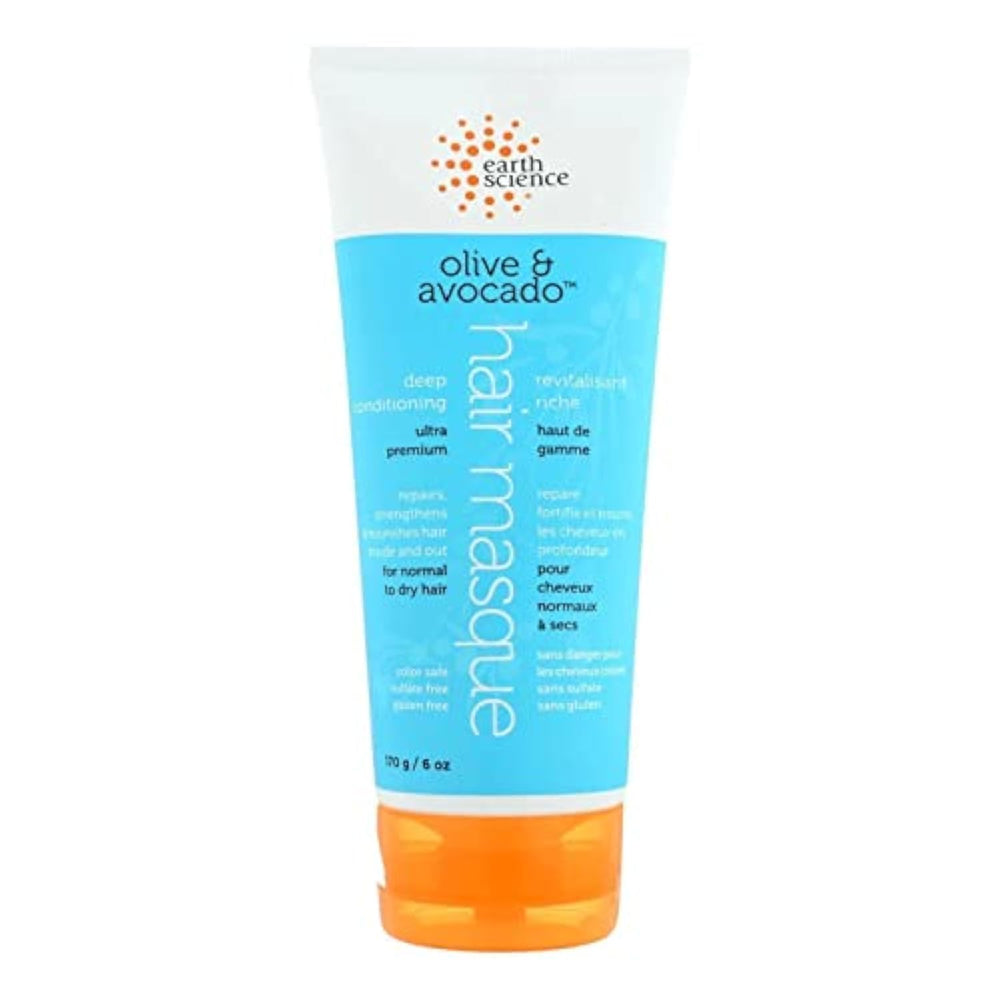 Earth Therapeutics Earth Science Olive Avocado Masque bottle nourishes dry hair.