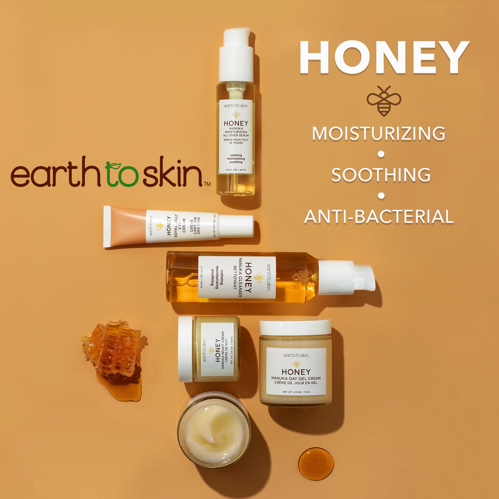 Earth To Skin Honey Manuka features list graphic emphasizing glycerin to support skin barrier.