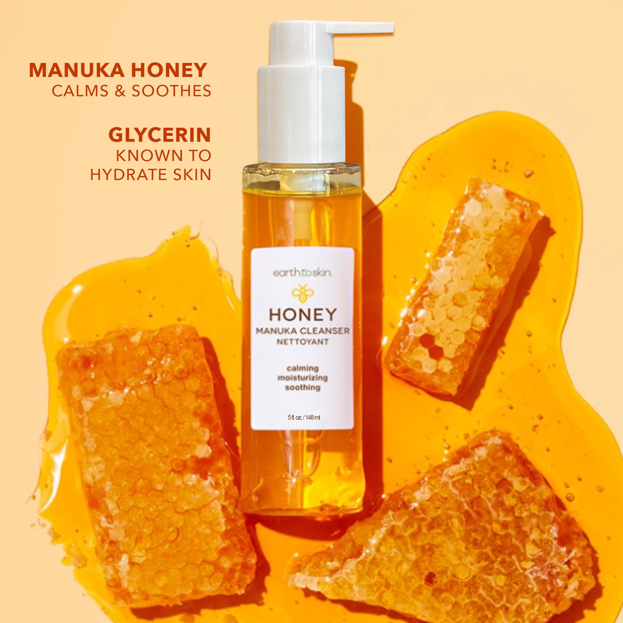Earth To Skin Honey Manuka texture close-up highlights creamy formula nurturing moisture.