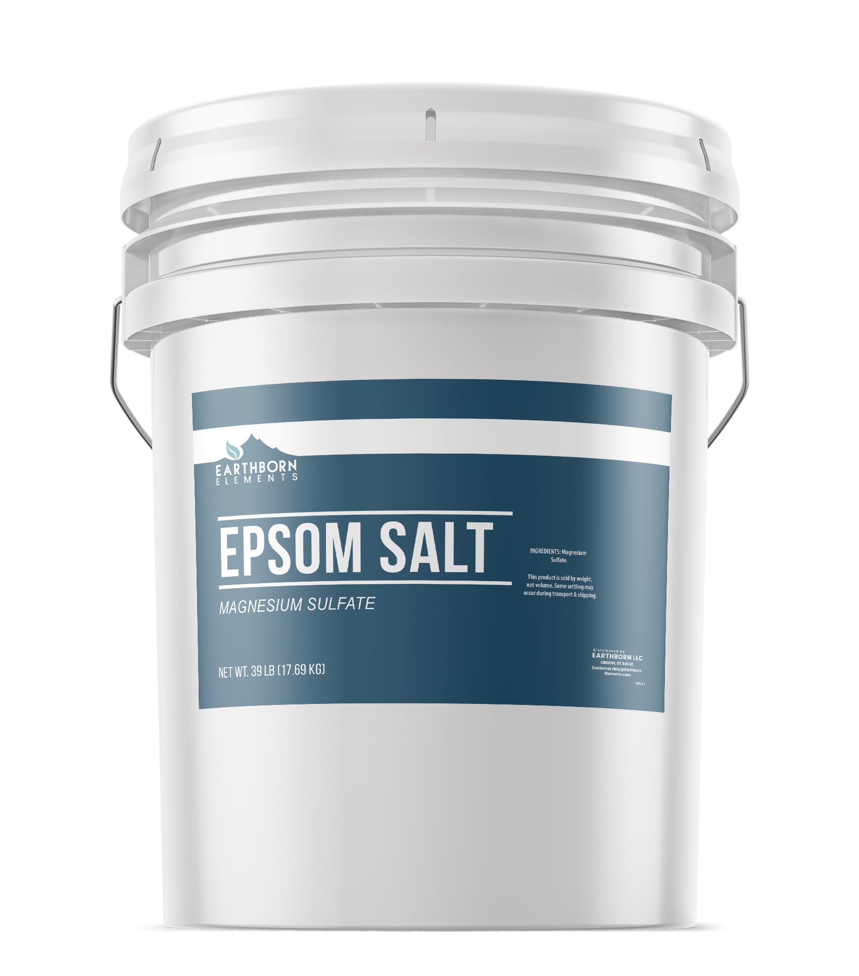 Earthborn Elements sal epsom en cubo reutilizable para almacenamiento fácil y prolongado uso.