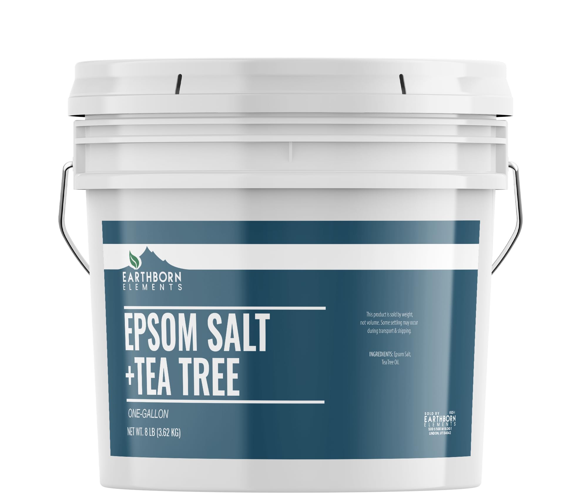 Earthborn Elements Tea Tree Epsom Salt bottle highlights pure, additive-free soak for soothing baths.