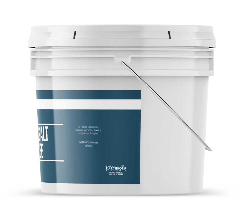 Earthborn Elements Tea Tree Epsom Salt is shown dissolving in warm water for bath ease.