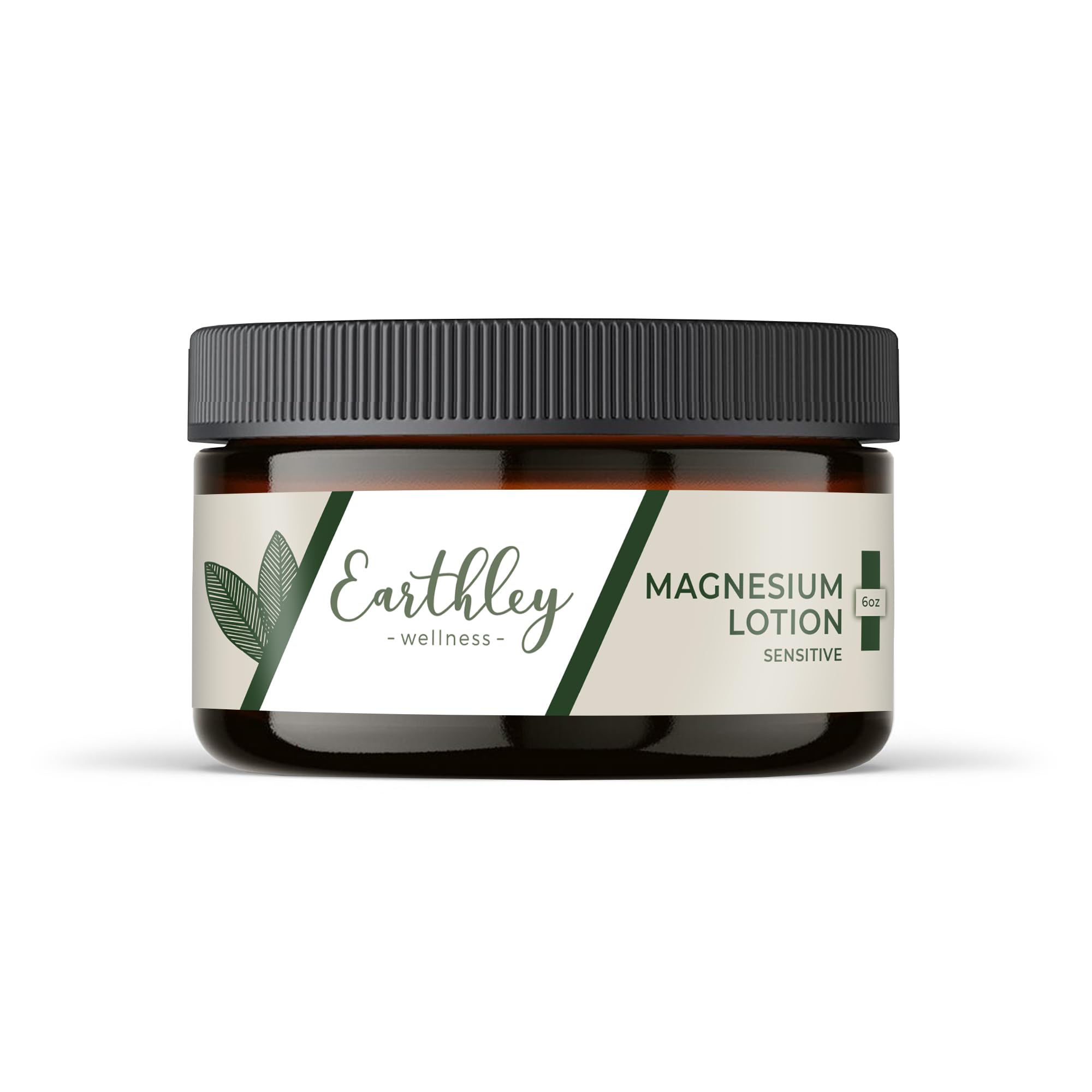 Earthley Wellness Magnesium Lotion bottle close-up demonstrates a natural, fast-absorbing formula.