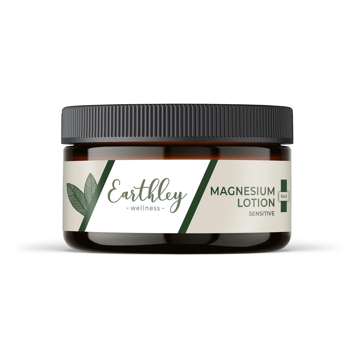 Earthley Wellness Magnesium Lotion bottle close-up demonstrates a natural, fast-absorbing formula.