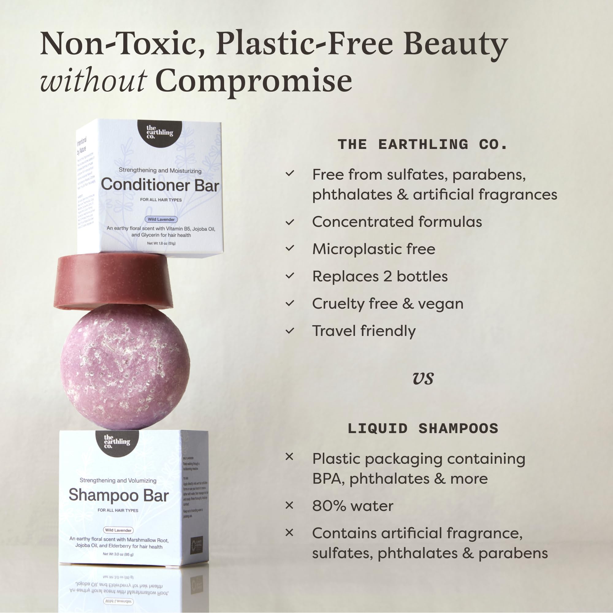 The Earthling Co. Conditioner Bar glycerin-boosted-shine adds brightness and softness.