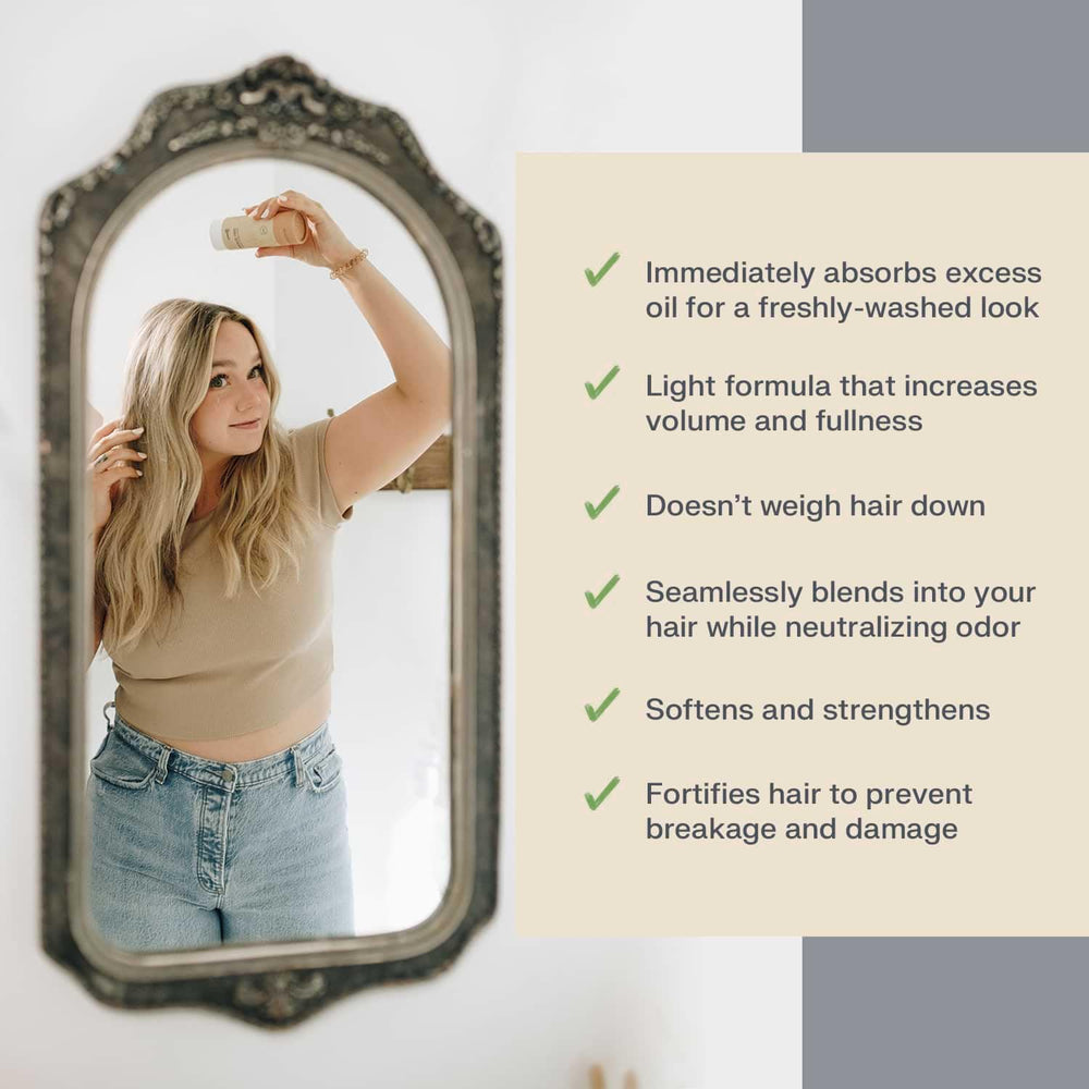 Earthling Co. dry shampoo shaker-tube highlights travel-friendly packaging for quick touch-ups.
