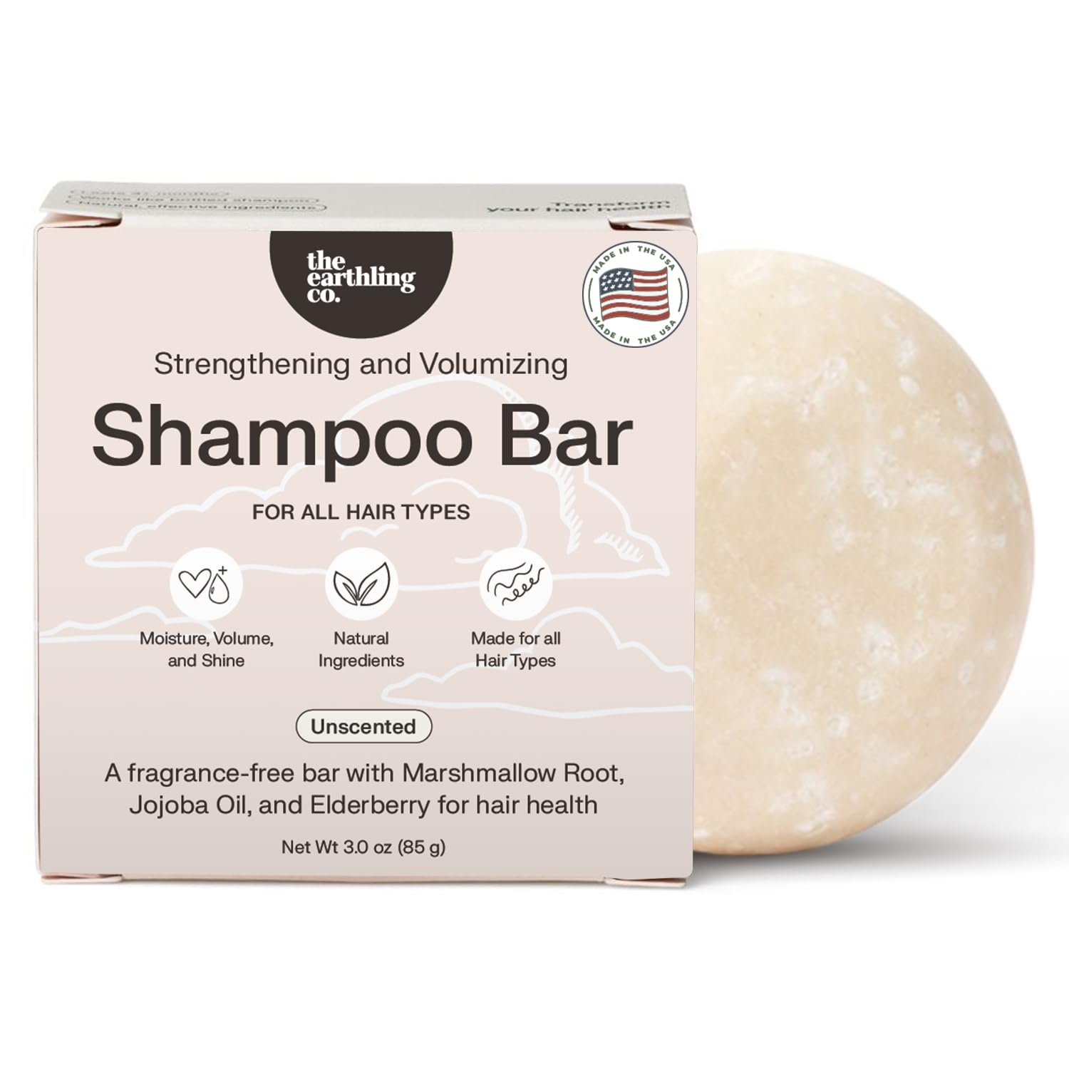 The Earthling Co. Shampoo Bar packaging showcases eco-friendly, vegan formula for sustainable hair care.
