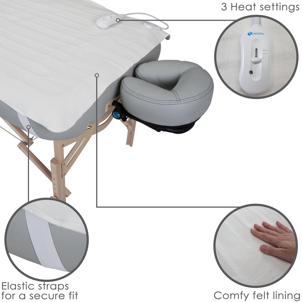 EarthLite Bodyworker Choice Warmer showing three heat settings for customizable comfort