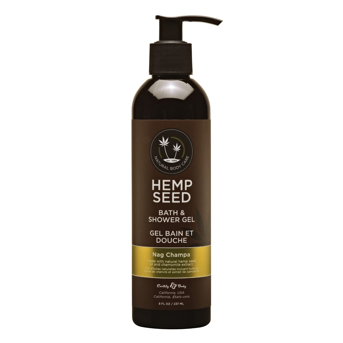 Earthly Body Hemp Seed Bath & Shower Gel Nag Champa bottle delivers nourishing cleansing.