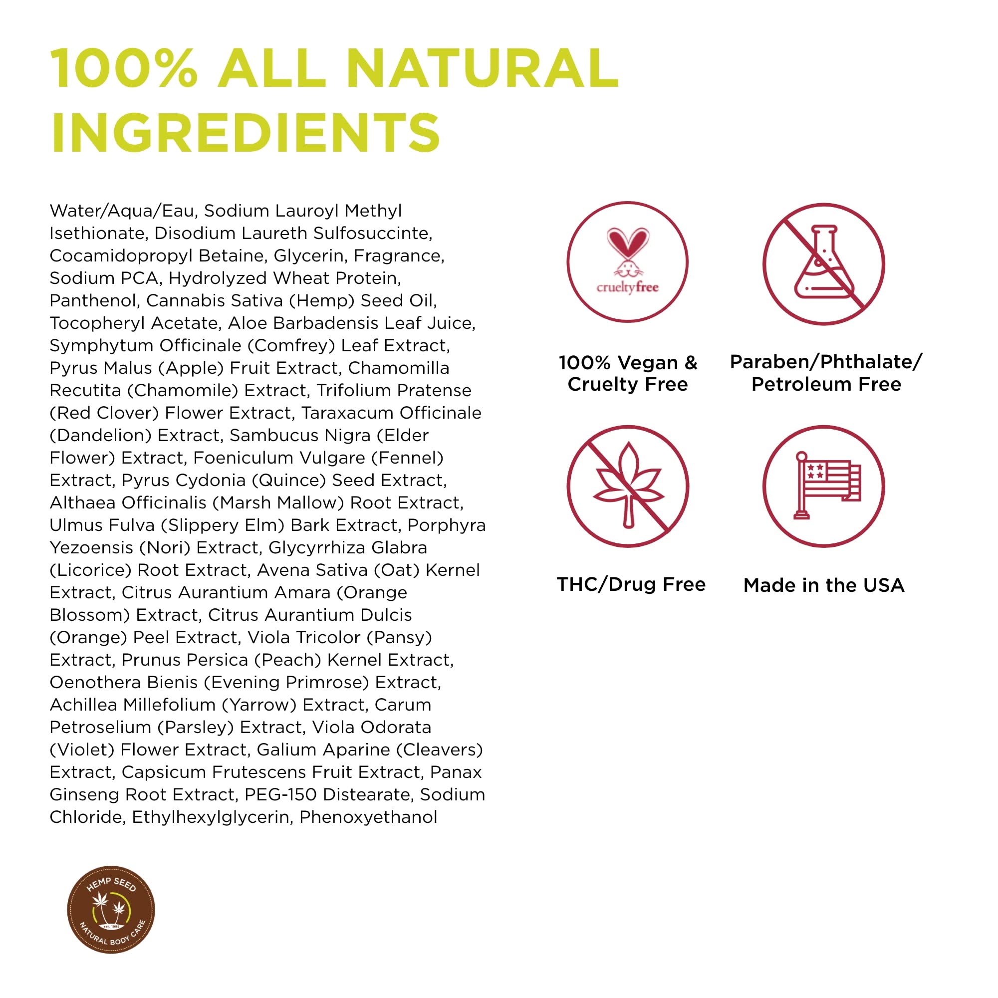 Earthly Body Hemp Seed Bath & Shower Gel Nag Champa highlights hemp seed oil and chamomile ingredients.