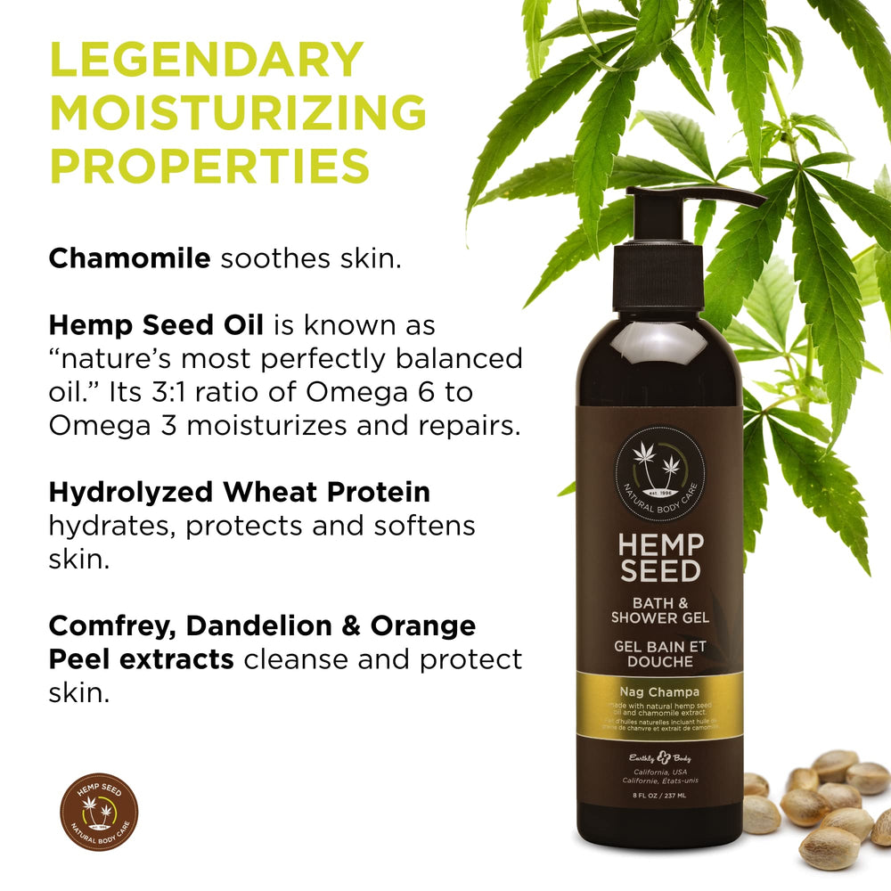 Earthly Body Hemp Seed Bath & Shower Gel Nag Champa pump ensures easy, everyday cleansing.
