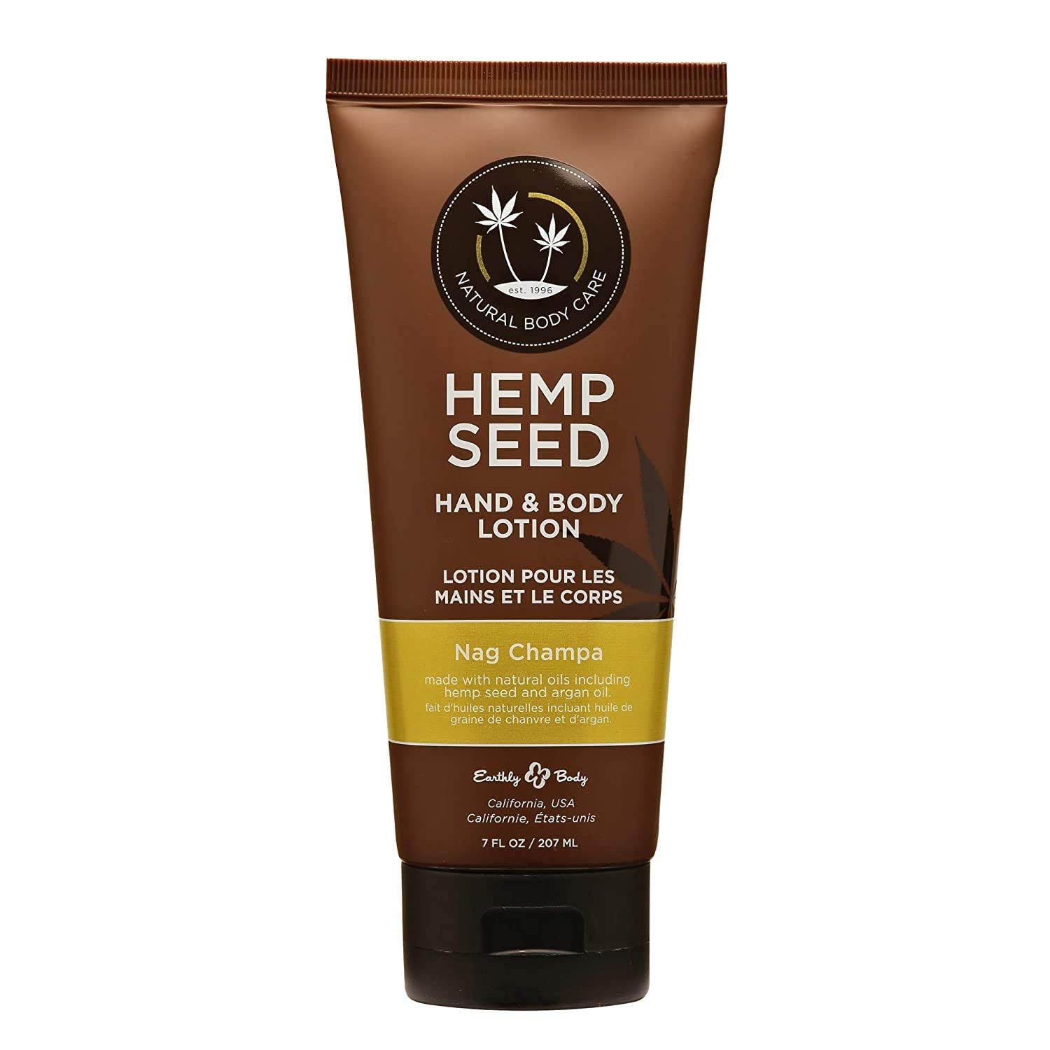 Earthly Body Hemp Seed Hand & Body Lotion Nag Champa bottle provides lightweight hydration